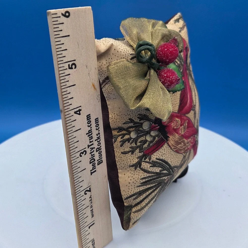 Cardinal Bird Decorative Pillow Scented Gold Bow Red Berries Christmas Decor 5in